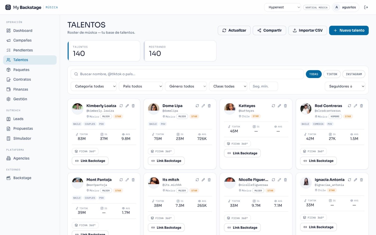 Directorio de talentos en My Backstage: fichas con seguidores en TikTok e Instagram, promedio de vistas, categorías y acceso al portal
